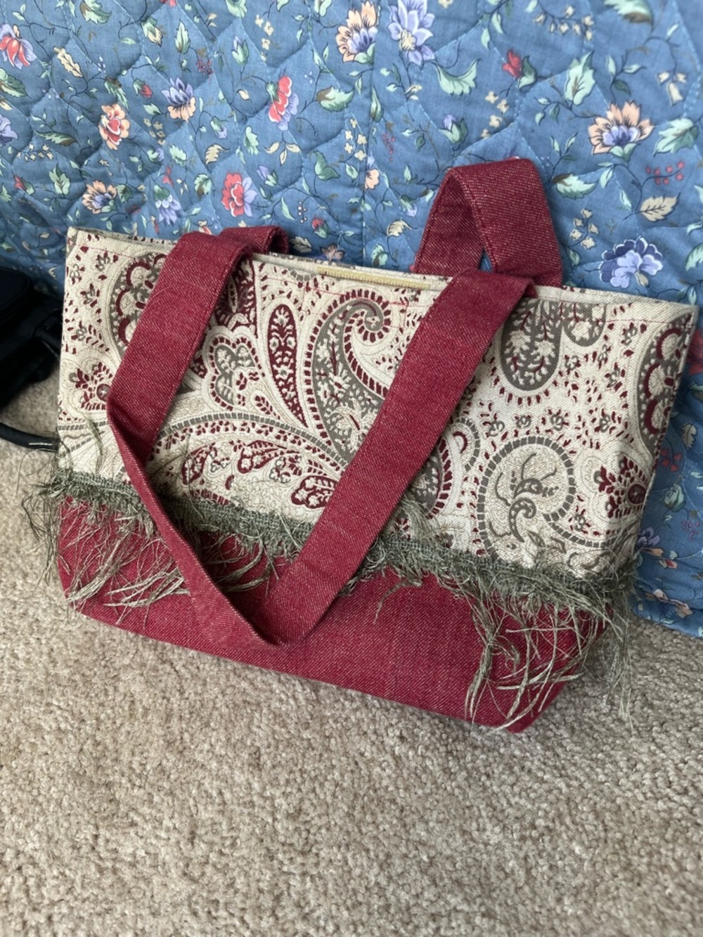 Crochet-Trim Paisley Tote Bag in Burgundy and Cream